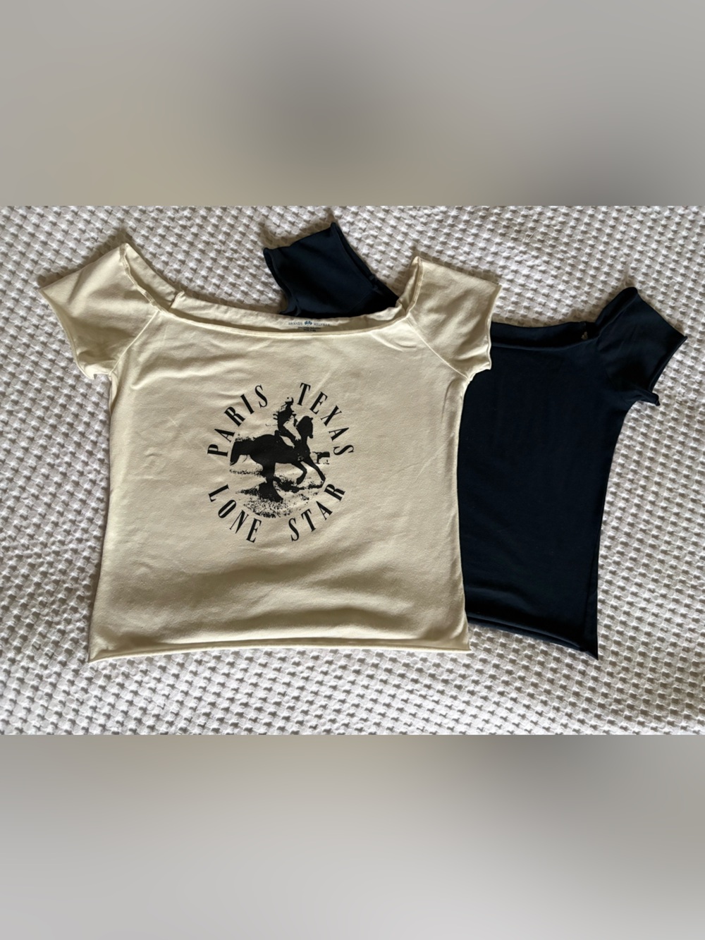Bundle of 2 Brandy Melville Bonnie off the Shoulder Tees White and Navy